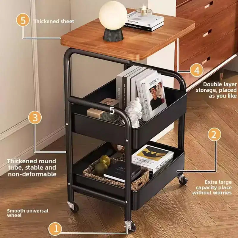 Chariot de rangement à 3 niveaux avec plateau en bois, Chariot de service avec roulettes verrouillables, Desserte de rangement polyvalente