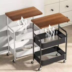 Chariot de rangement à 3 niveaux avec plateau en bois, Chariot de service avec roulettes verrouillables, Desserte de rangement polyvalente