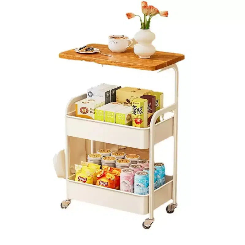 Chariot de rangement à 3 niveaux avec plateau en bois, Chariot de service avec roulettes verrouillables, Desserte de rangement polyvalente