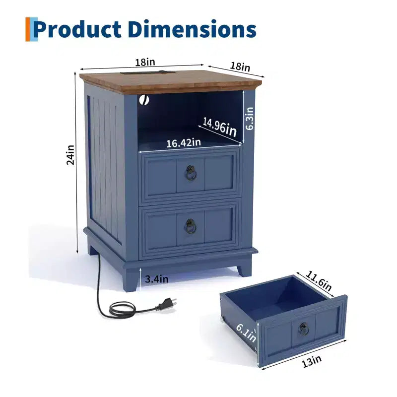 Table de chevet en bois de 18 pouces avec station de recharge USB, table de nuit cannelée moderne, classeur à deux tiroirs avec étagère, table d'appoint de chevet