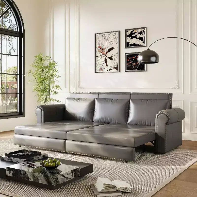 MAYEERTY 93.7 Canapé-lit King Size extensible, canapé-lit convertible 3-en-1 en similicuir avec garniture cloutée et accoudoirs roulés, gris