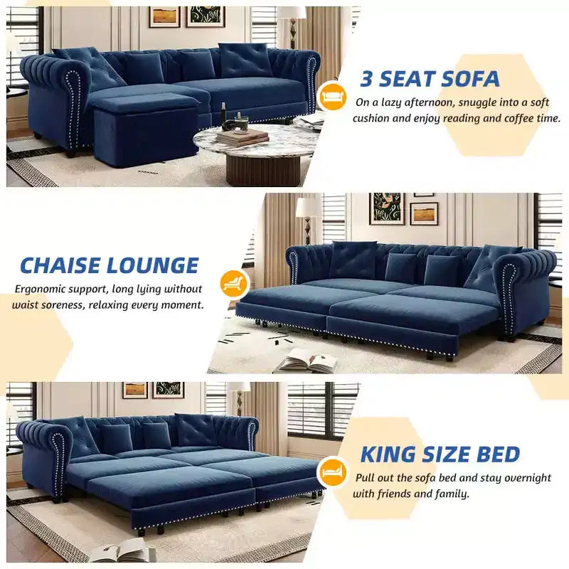 MAYEERTY 89 Canapé 3 places en velours avec pouf mobile, canapé-lit escamotable 3-en-1, grand lit bleu