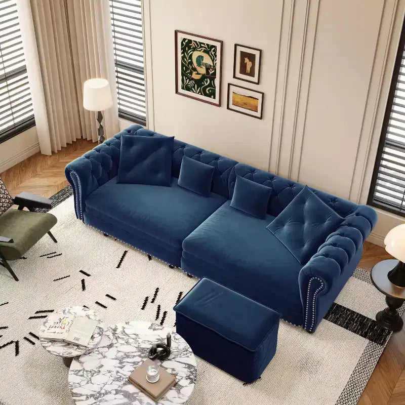 MAYEERTY 89 Canapé 3 places en velours avec pouf mobile, canapé-lit escamotable 3-en-1, grand lit bleu