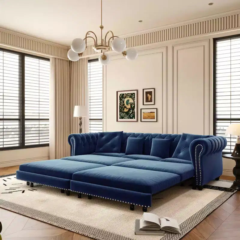 MAYEERTY 89 Canapé 3 places en velours avec pouf mobile, canapé-lit escamotable 3-en-1, grand lit bleu