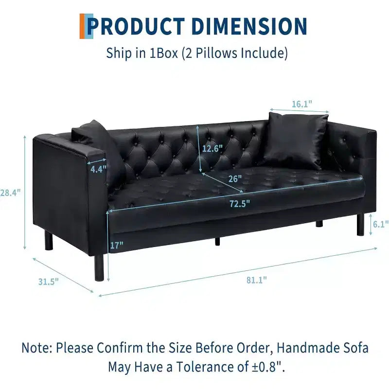 Canapé en cuir moderne du milieu du siècle pour salon, canapé Chesterfield avec sièges profonds et 2 oreillers, canapé 3 places avec canapé en cuir capitonné