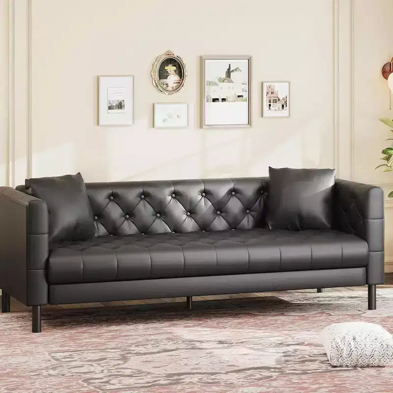 Canapé en cuir moderne du milieu du siècle pour salon, canapé Chesterfield avec sièges profonds et 2 oreillers, canapé 3 places avec canapé en cuir capitonné