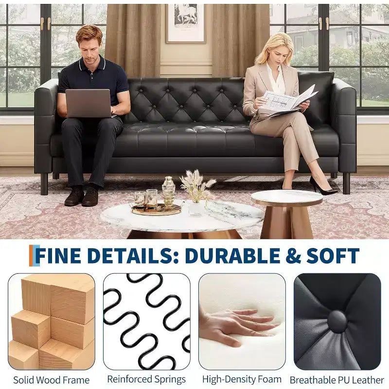 Canapé en cuir moderne du milieu du siècle pour salon, canapé Chesterfield avec sièges profonds et 2 oreillers, canapé 3 places avec canapé en cuir capitonné
