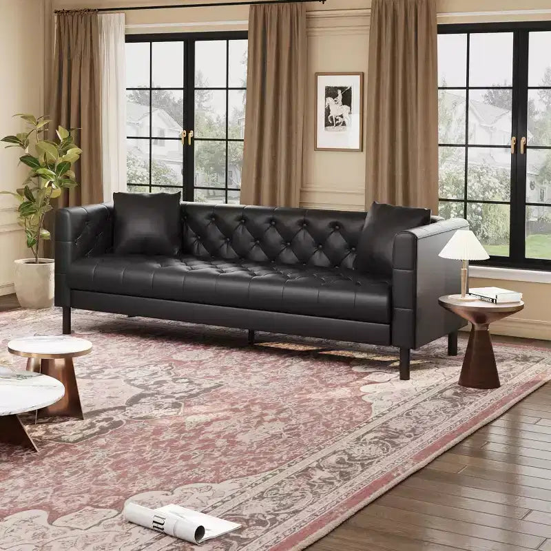 Canapé en cuir moderne du milieu du siècle pour salon, canapé Chesterfield avec sièges profonds et 2 oreillers, canapé 3 places avec canapé en cuir capitonné