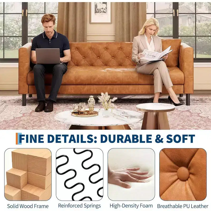 Canapé en cuir moderne du milieu du siècle pour salon, canapé Chesterfield avec sièges profonds et 2 oreillers, canapé 3 places avec canapé en cuir capitonné