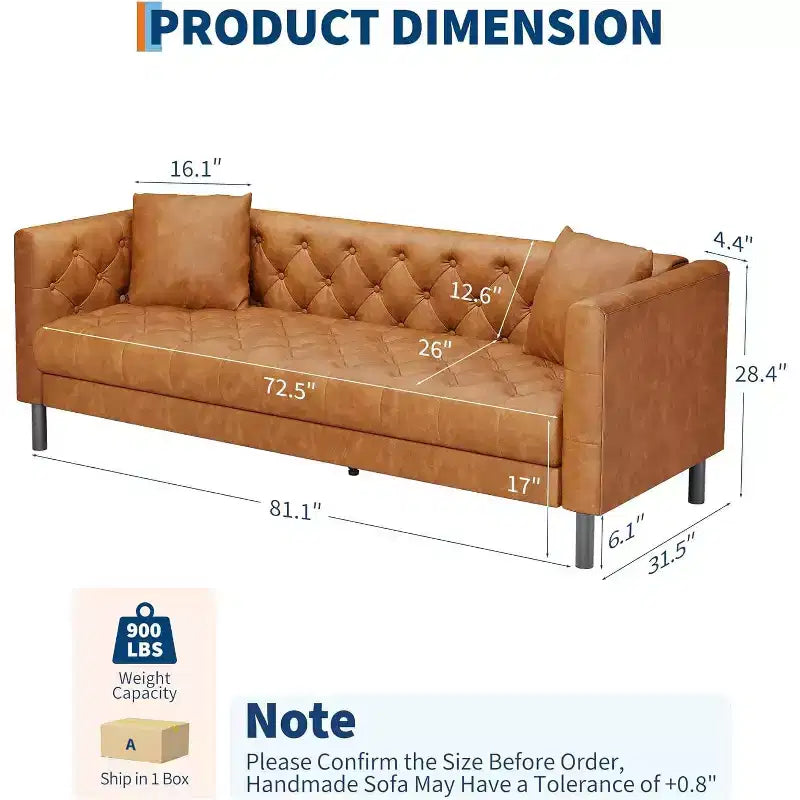 Canapé en cuir moderne du milieu du siècle pour salon, canapé Chesterfield avec sièges profonds et 2 oreillers, canapé 3 places avec canapé en cuir capitonné