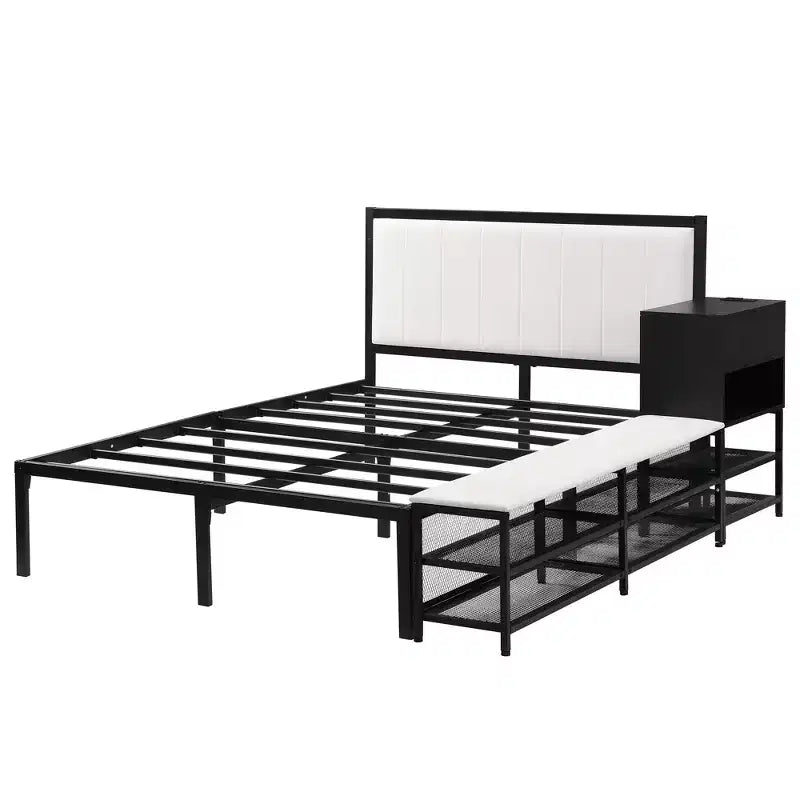 Lit double plateforme en métal Luxystar avec tête de lit capitonnée, 2 étagères de rangement, armoire de rangement en bois et ports de chargement USB
