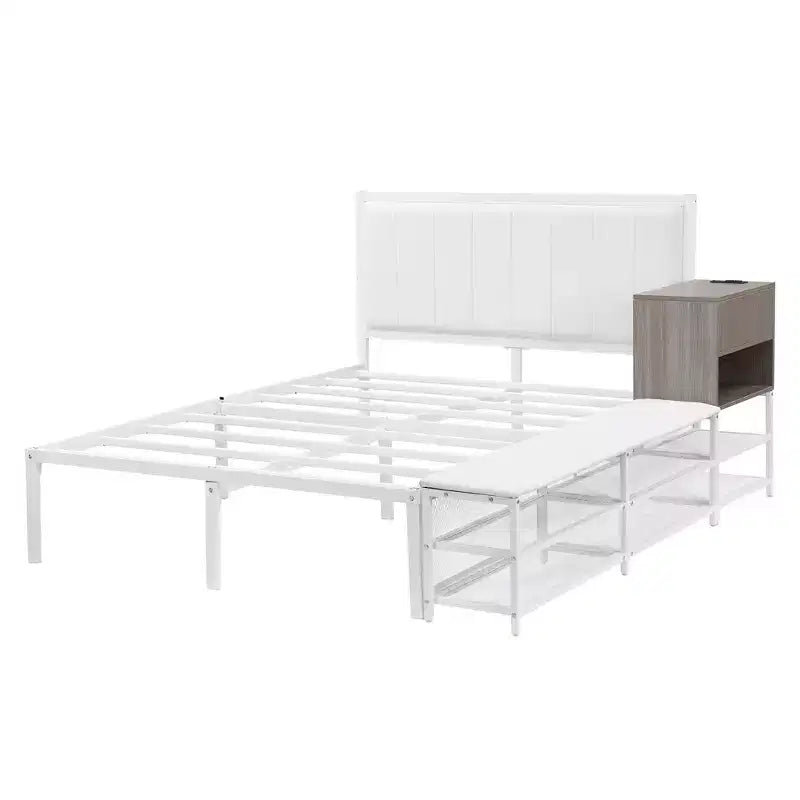 Lit double plateforme en métal Luxystar avec tête de lit capitonnée, 2 étagères de rangement, armoire de rangement en bois et ports de chargement USB