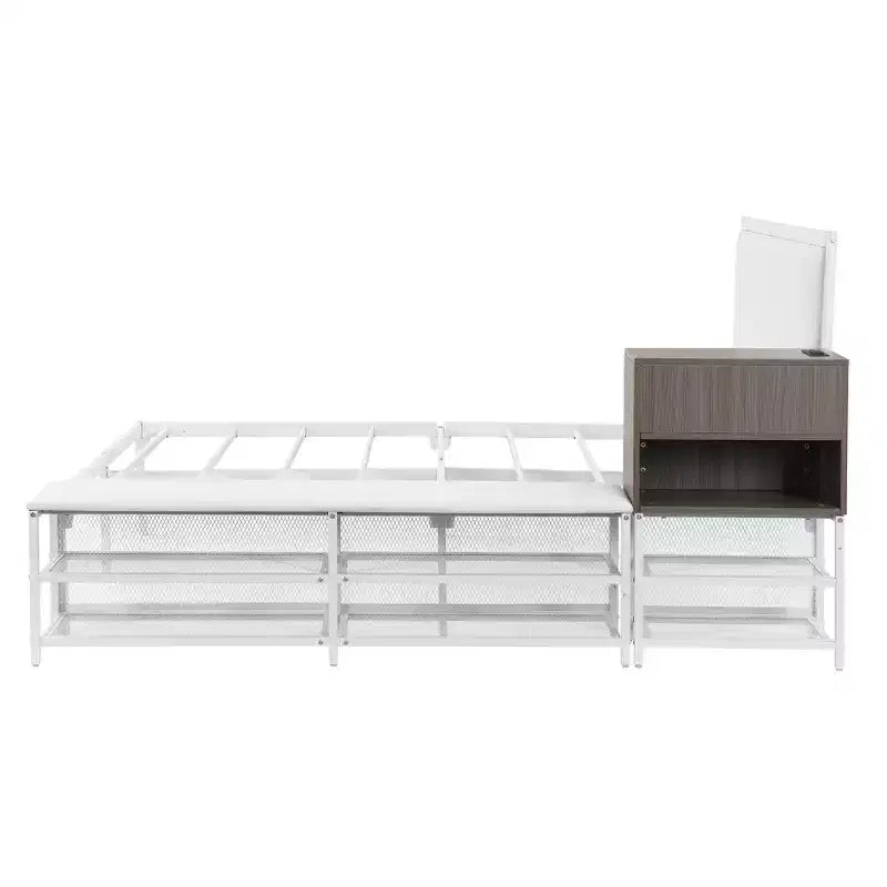Lit double plateforme en métal Luxystar avec tête de lit capitonnée, 2 étagères de rangement, armoire de rangement en bois et ports de chargement USB
