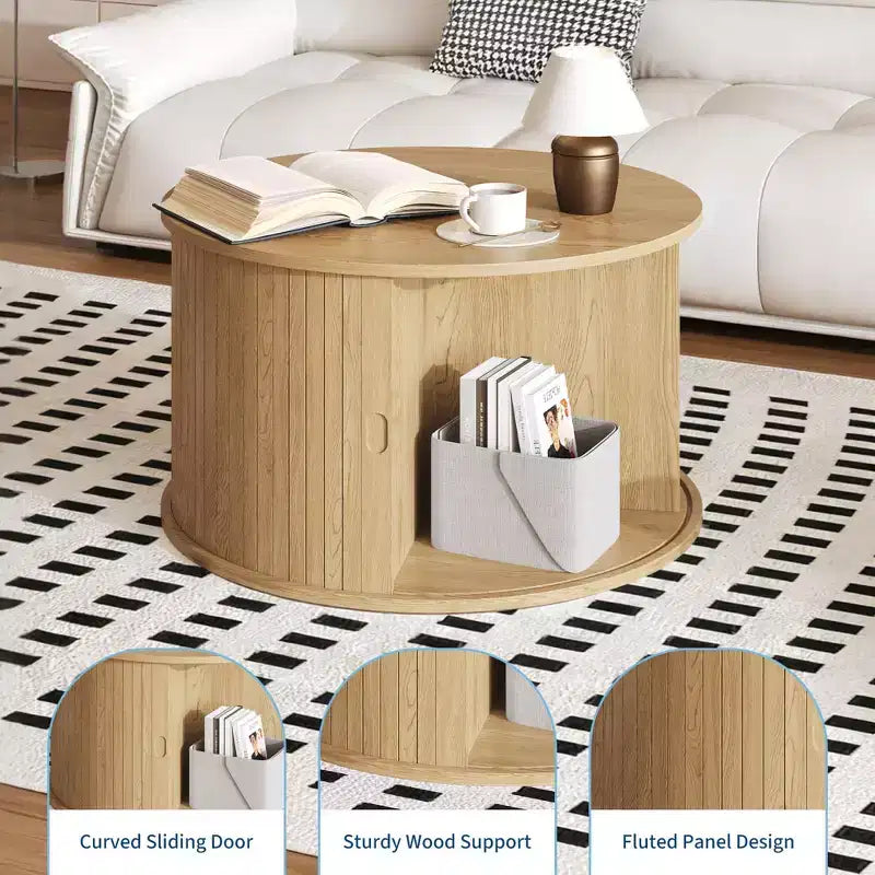 Table basse ronde de 28 pouces avec rangement, table d'appoint cannelée moderne du milieu du siècle avec porte à tambour coulissante pour le salon