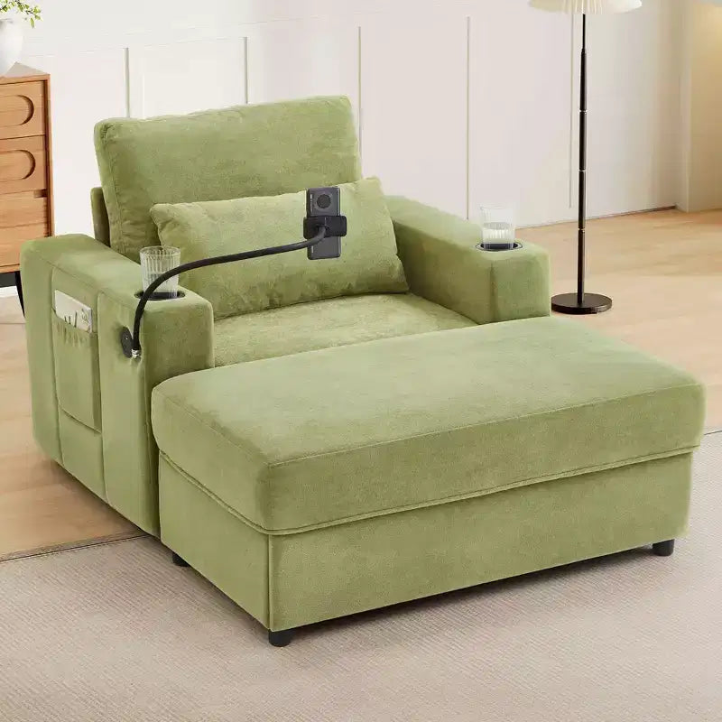MAYEERTY Fauteuil moderne 42,5 Méridienne Canapé avec pouf de rangement amovible Deux porte-gobelets Poches latérales pour salon Vert