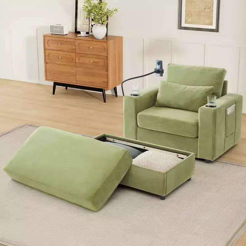 MAYEERTY Fauteuil moderne 42,5 Méridienne Canapé avec pouf de rangement amovible Deux porte-gobelets Poches latérales pour salon Vert