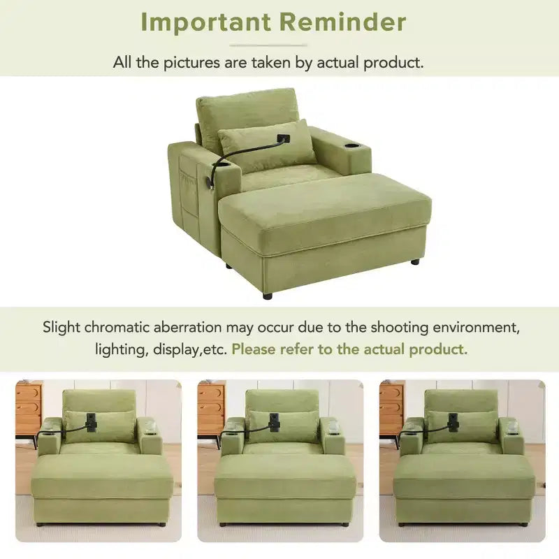 MAYEERTY Fauteuil moderne 42,5 Méridienne Canapé avec pouf de rangement amovible Deux porte-gobelets Poches latérales pour salon Vert