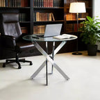 Table de salle à manger avec pieds croisés en métal et plateau en verre trempé, design moderne peu encombrant pour la cuisine ou le salon