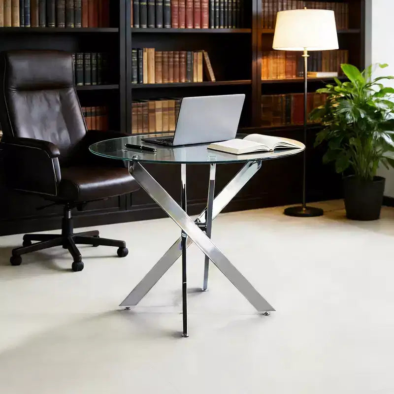 Table de salle à manger avec pieds croisés en métal et plateau en verre trempé, design moderne peu encombrant pour la cuisine ou le salon
