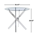 Table de salle à manger avec pieds croisés en métal et plateau en verre trempé, design moderne peu encombrant pour la cuisine ou le salon