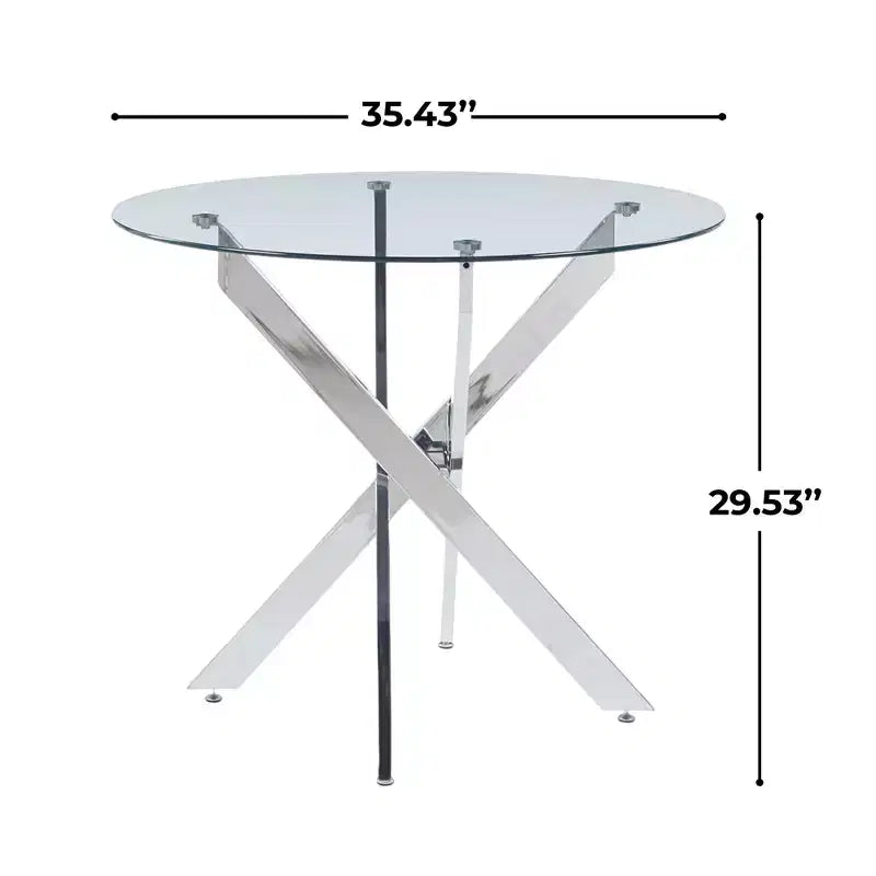Table de salle à manger avec pieds croisés en métal et plateau en verre trempé, design moderne peu encombrant pour la cuisine ou le salon