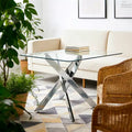 Dining Table with Cross Metal Leg and Tempered Glass Top, 90x90x75cm, Modern Space-Saving Design for Kitchen or Living Room