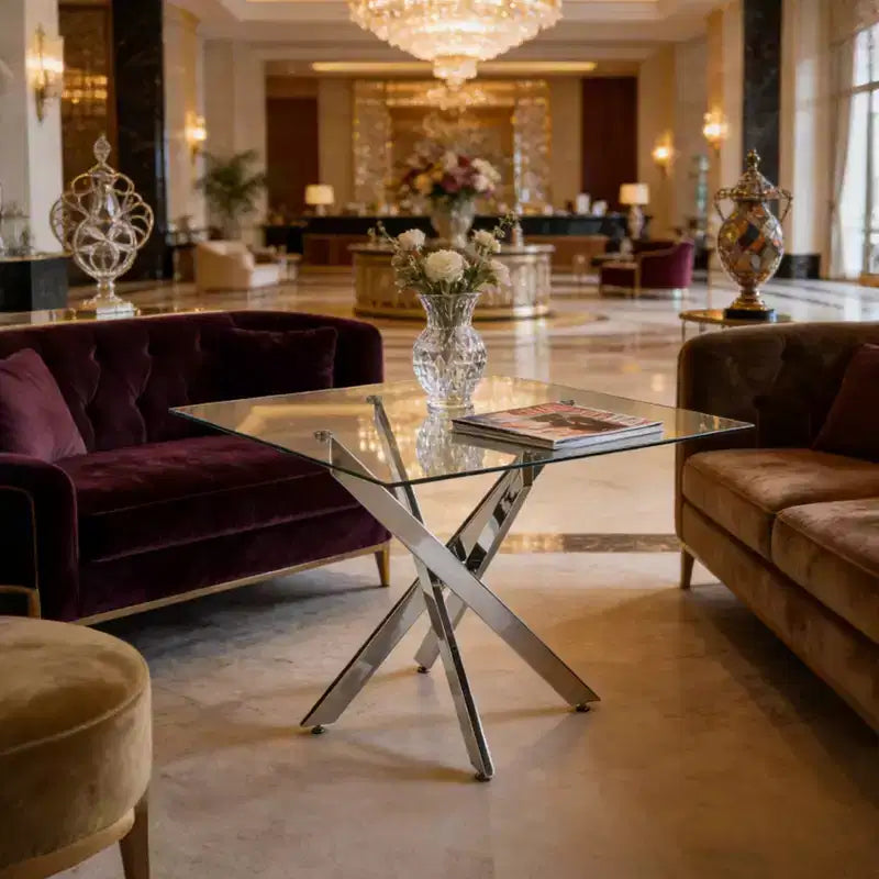 Table à manger avec pieds croisés en métal et plateau en verre trempé, 90x90x75cm, design moderne et peu encombrant pour cuisine ou salon