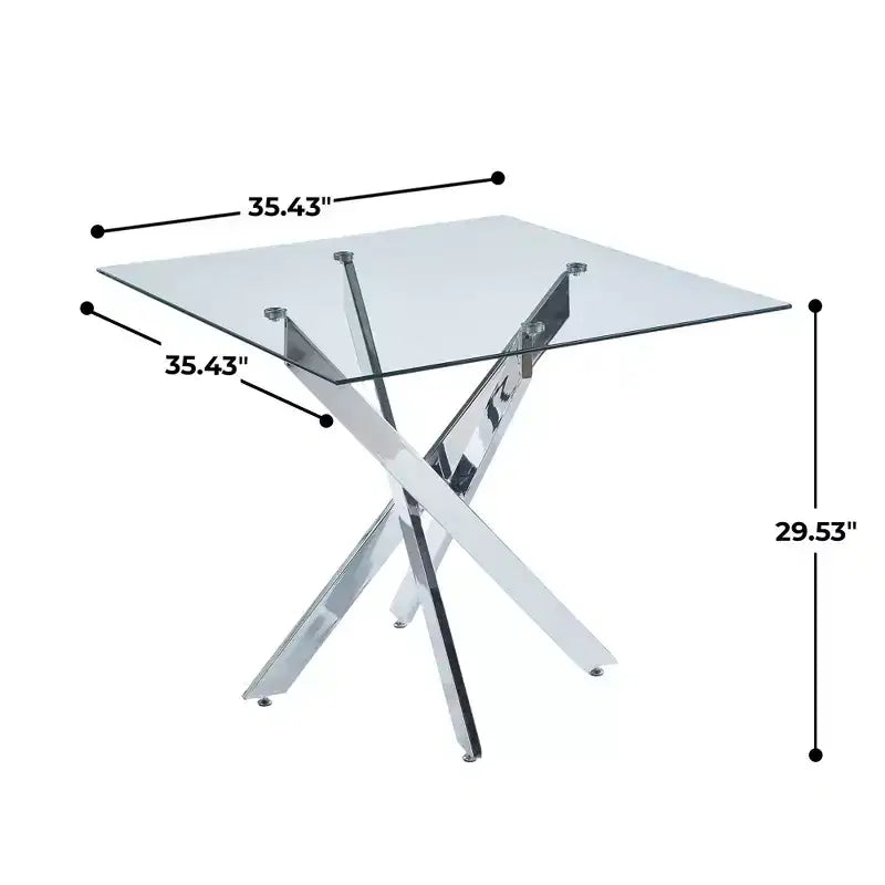 Table à manger avec pieds croisés en métal et plateau en verre trempé, 90x90x75cm, design moderne et peu encombrant pour cuisine ou salon