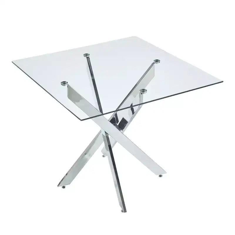 Table à manger avec pieds croisés en métal et plateau en verre trempé, 90x90x75cm, design moderne et peu encombrant pour cuisine ou salon