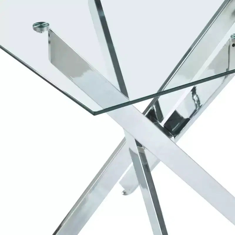 Table à manger avec pieds croisés en métal et plateau en verre trempé, 90x90x75cm, design moderne et peu encombrant pour cuisine ou salon