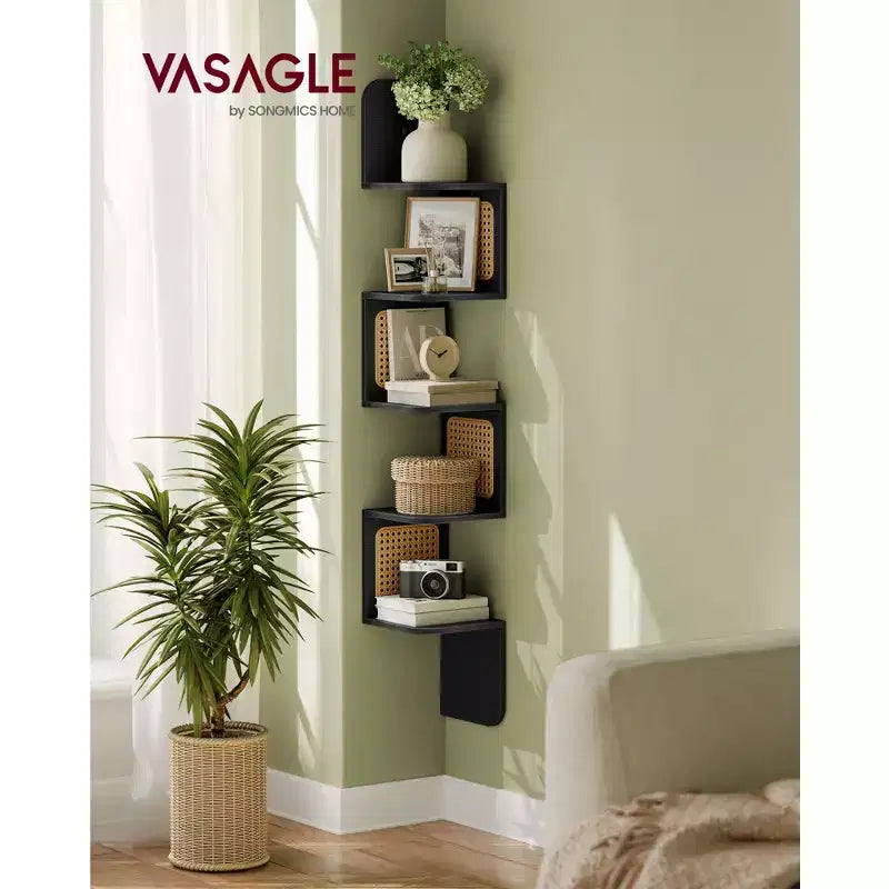 VASAGLE Étagère d'angle à 5 niveaux, étagère murale flottante, étagère d'angle en zigzag, côtés en rotin PVC, gain de place, style bohème