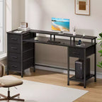 Qwatto Bureau d'ordinateur de 55 pouces avec station de charge, bureau de gaming réversible, lumières LED, tiroirs en tissu, table d'écriture pour bureau à domicile, chambre à coucher, étude, rangement