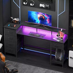 Qwatto Bureau d'ordinateur de 55 pouces avec station de charge, bureau de gaming réversible, lumières LED, tiroirs en tissu, table d'écriture pour bureau à domicile, chambre à coucher, étude, rangement