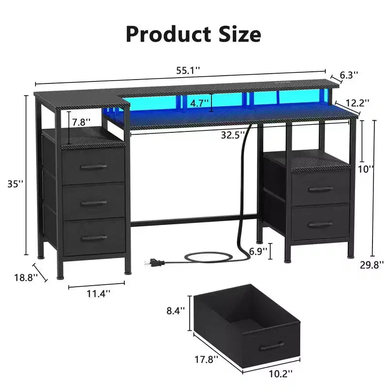 Qwatto Bureau d'ordinateur de 55 pouces avec station de charge, bureau de gaming réversible, lumières LED, tiroirs en tissu, table d'écriture pour bureau à domicile, chambre à coucher, étude, rangement