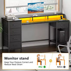Qwatto Bureau d'ordinateur de 55 pouces avec station de charge, bureau de gaming réversible, lumières LED, tiroirs en tissu, table d'écriture pour bureau à domicile, chambre à coucher, étude, rangement