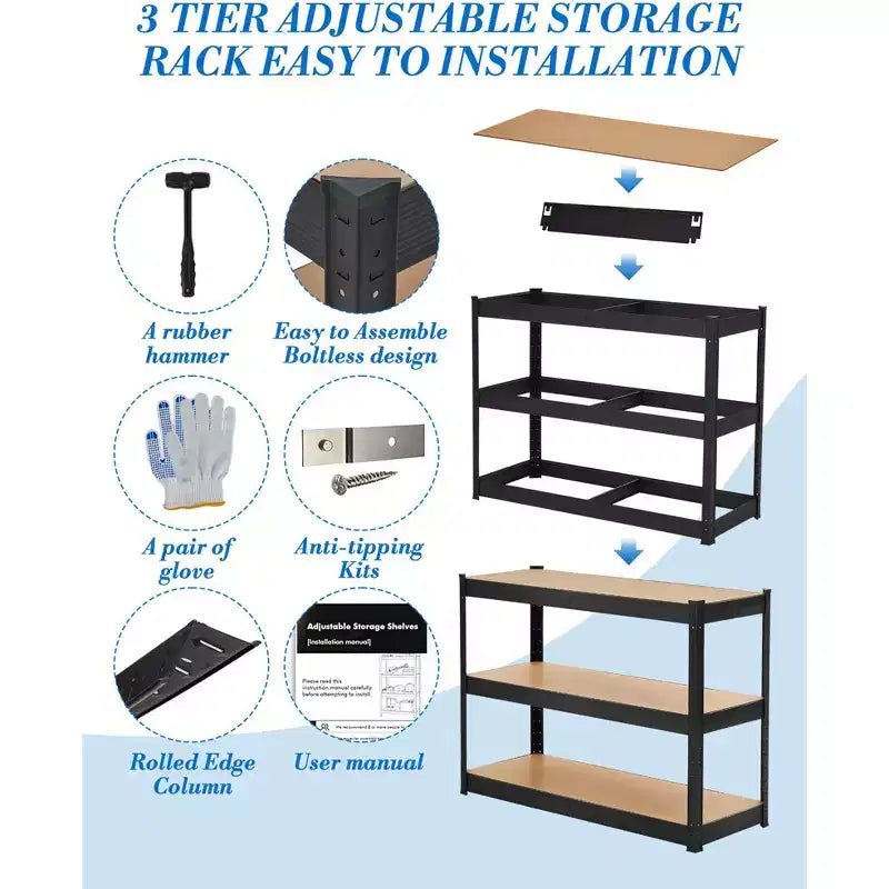 Étagère de rangement à 3 niveaux 35x24x35, Acier au carbone et MDF, Supporte 180 kg par tablette, Réglable pour garde-manger et sous-sol