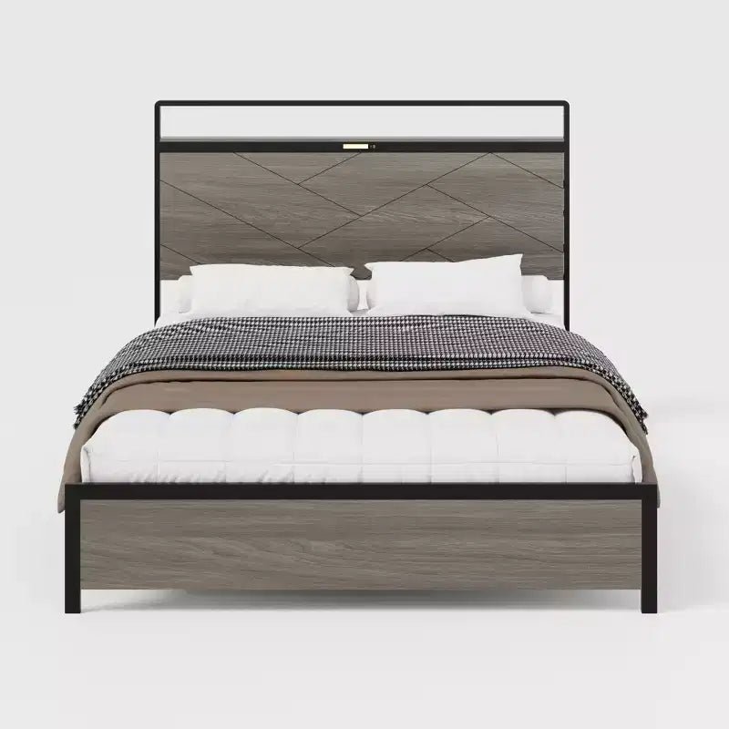 Lit plateforme double/queen/king size avec tête de lit de rangement à LED, cadre de lit plateforme en bois avec 2 ports USB, grand rangement sous le lit, gris antique