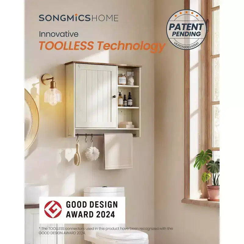 SONGMICS Armoire Murale, Assemblage Sans Outil Ultra Rapide, Meuble de Rangement Style Ferme avec Étagères Réglables et Porte, Blanc Rustique et Brun Miel