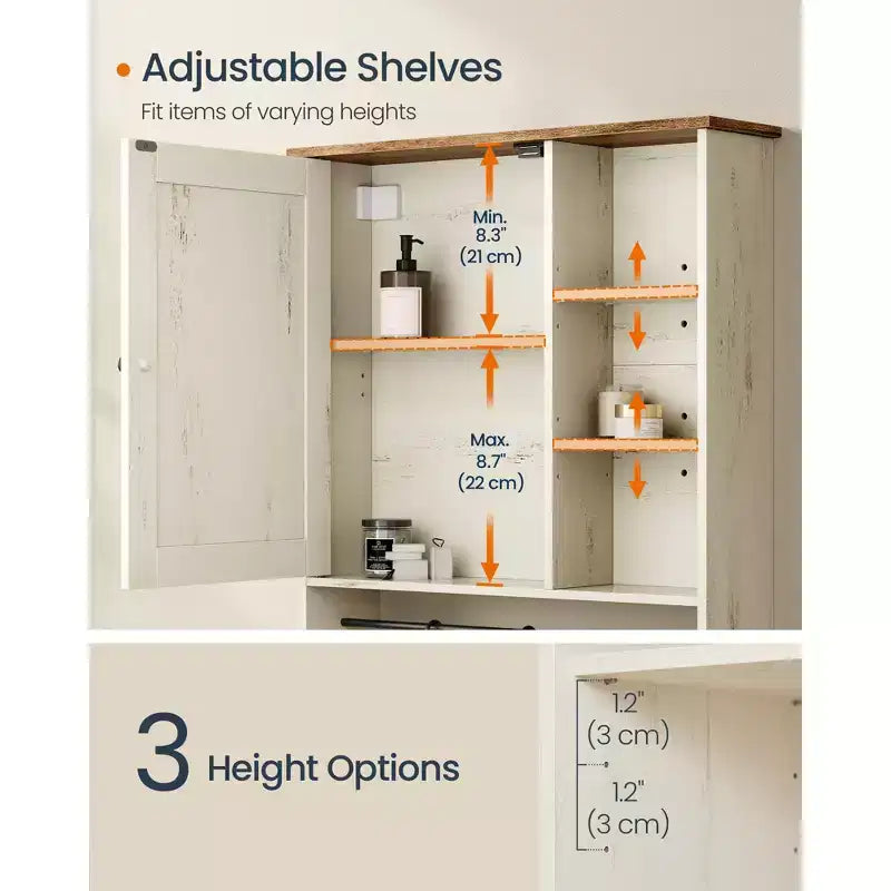 SONGMICS Armoire Murale, Assemblage Sans Outil Ultra Rapide, Meuble de Rangement Style Ferme avec Étagères Réglables et Porte, Blanc Rustique et Brun Miel