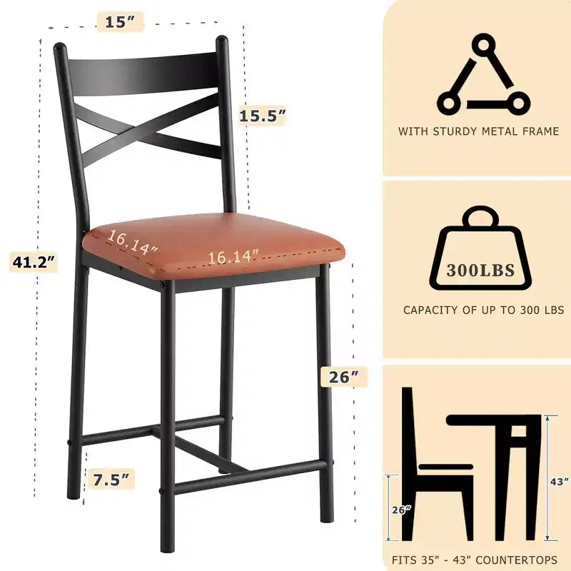 Lot de 2 tabourets de bar, chaises de bar hauteur comptoir avec dossier, coussin épais et cuir PU, chaises de salle à manger rembourrées pour îlot de cuisine, bar, salle à manger