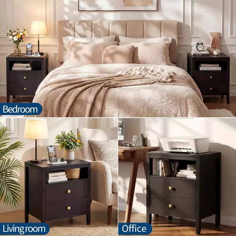 Table de chevet noire avec station de charge, 2 tiroirs et étagère ouverte, table de chevet moderne en bois avec poignées métalliques pour chambre à coucher/salon/bureau