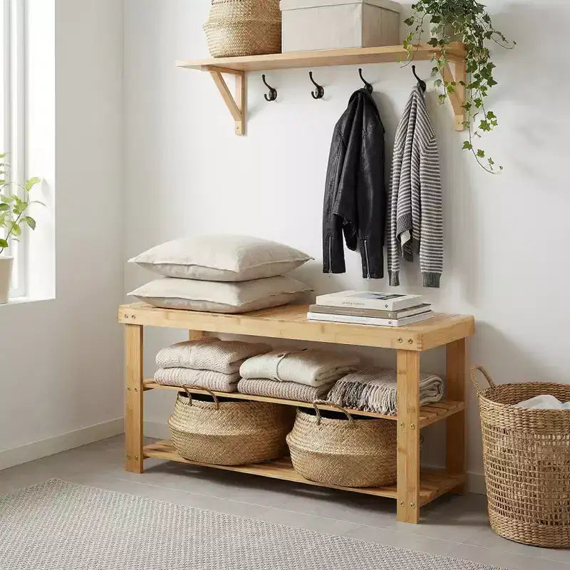 Banc de rangement à chaussures à 3 niveaux en bambou pour entrée - Organisateur de chaussures robuste avec une capacité de 130 kg