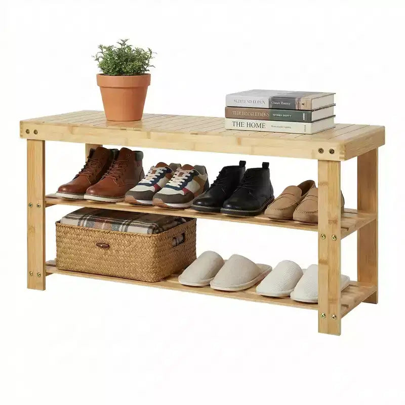 Banc de rangement à chaussures à 3 niveaux en bambou pour entrée - Organisateur de chaussures robuste avec une capacité de 130 kg