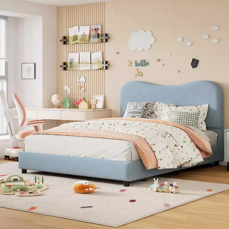 Cadre de lit rembourré doux pour enfants, taille double, profil bas, lattes en bois solides, pas de sommier tapissier