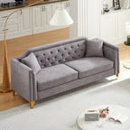 Canapé 3 places capitonné en chenille gris 61,5 avec accoudoirs cloutés couleur cuivre, 2 coussins