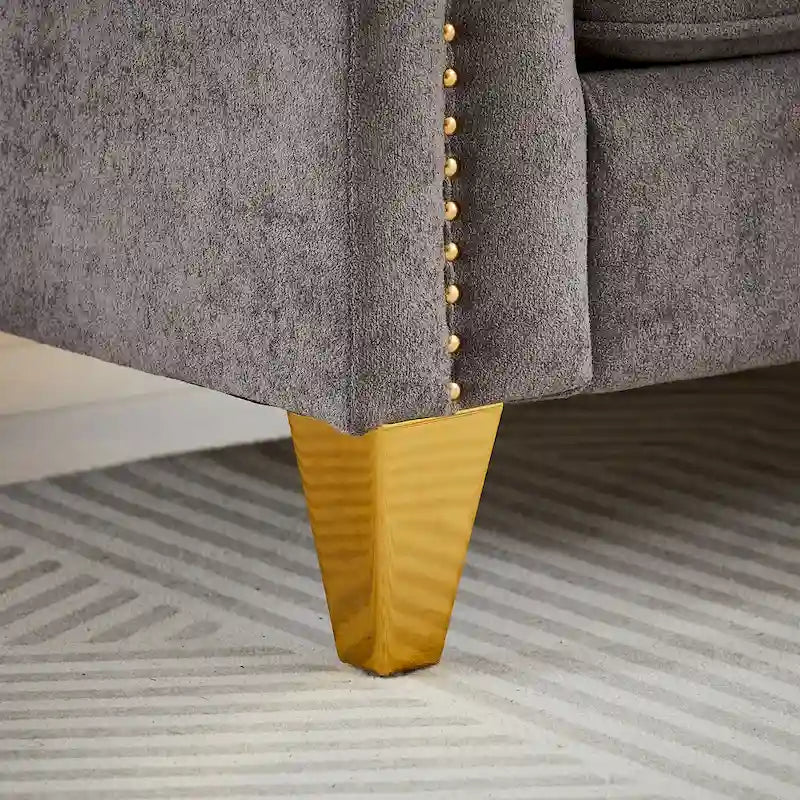 Canapé 3 places capitonné en chenille gris 61,5 avec accoudoirs cloutés couleur cuivre, 2 coussins