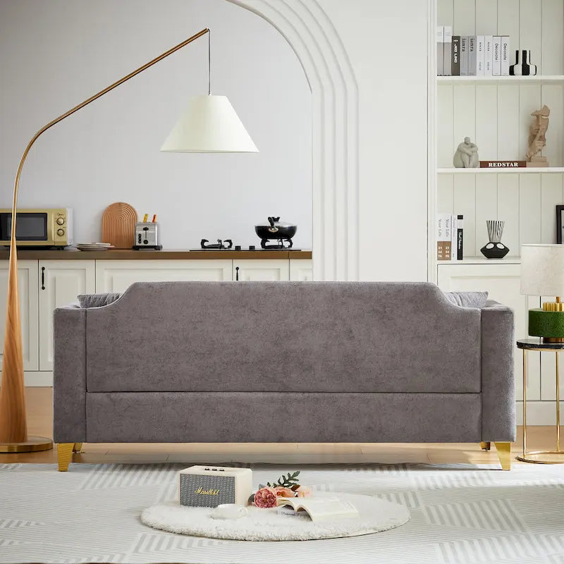 Canapé 3 places capitonné en chenille gris 61,5 avec accoudoirs cloutés couleur cuivre, 2 coussins