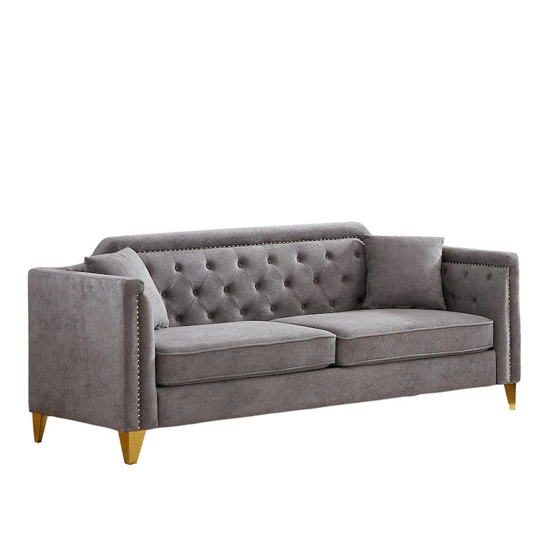 Canapé 3 places capitonné en chenille gris 61,5 avec accoudoirs cloutés couleur cuivre, 2 coussins