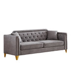 Canapé 3 places capitonné en chenille gris 61,5 avec accoudoirs cloutés couleur cuivre, 2 coussins