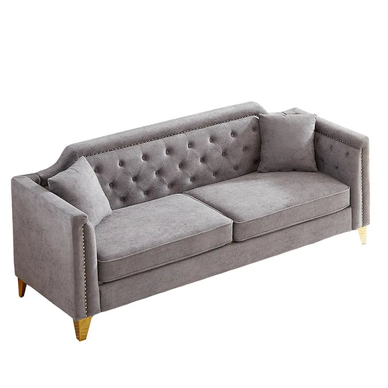 Canapé 3 places capitonné en chenille gris 61,5 avec accoudoirs cloutés couleur cuivre, 2 coussins